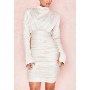 House of CB London Giorgiana White Ruched Satin  Long Sleeve Mini Dress Sz S‎
